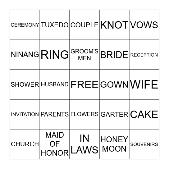 WEDDING SHOWER Bingo Card