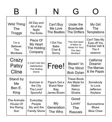 60's songs bingo list 3 Bingo Card
