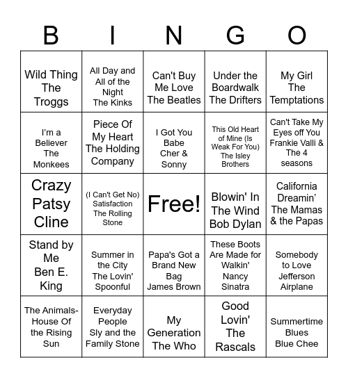 60's songs bingo list 3 Bingo Card