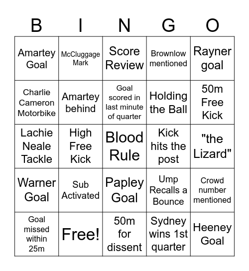 Clare Grand Final Bingo Card