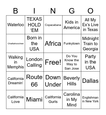 Places Bingo Card