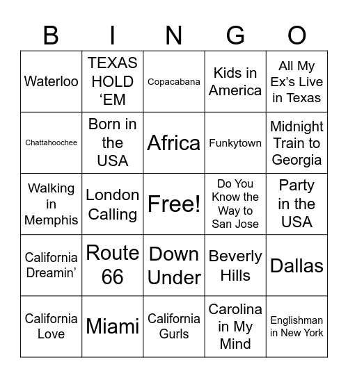 Places Bingo Card