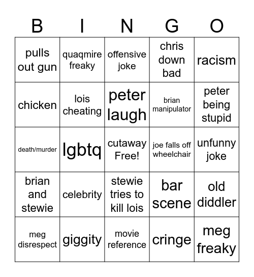 Family guy Bingo Card