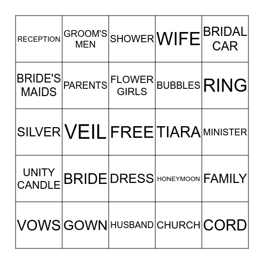 WEDDING SHOWER Bingo Card