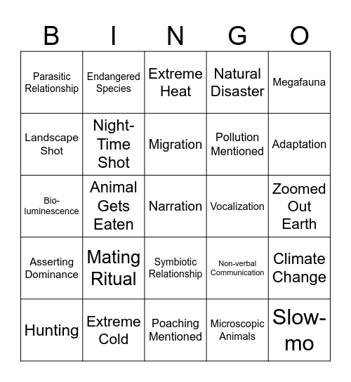 Nature Documentary Bingo Card