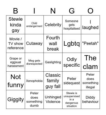 Family guy bingo Card