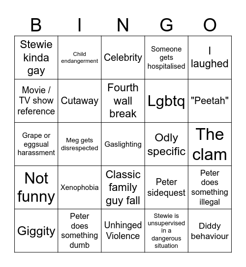 Family guy bingo Card