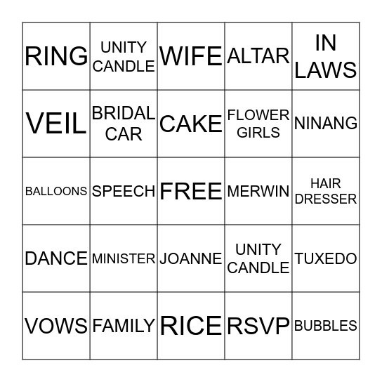 WEDDING SHOWER Bingo Card