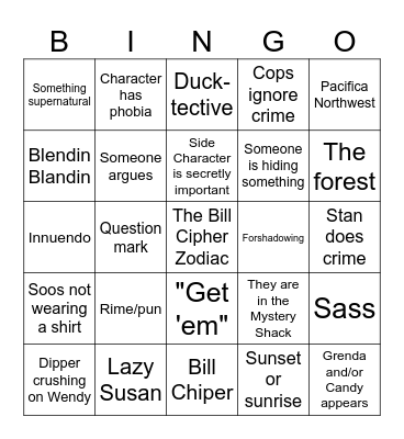 Gravity falls Bingo Card