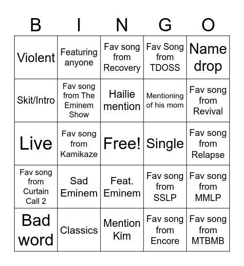 Eminem Bingo Card