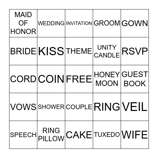 WEDDING SHOWER Bingo Card