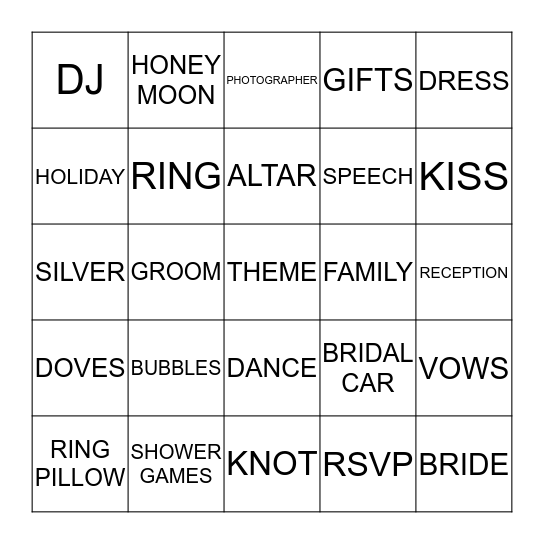 WEDDING SHOWER Bingo Card