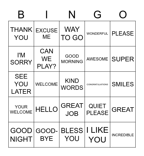 KIND WORDS BINGO Card