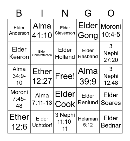 General Conference Book of Mormon DM#2 Bingo Card