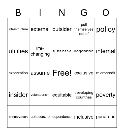 5D & 5E Vocabulary Bingo Card