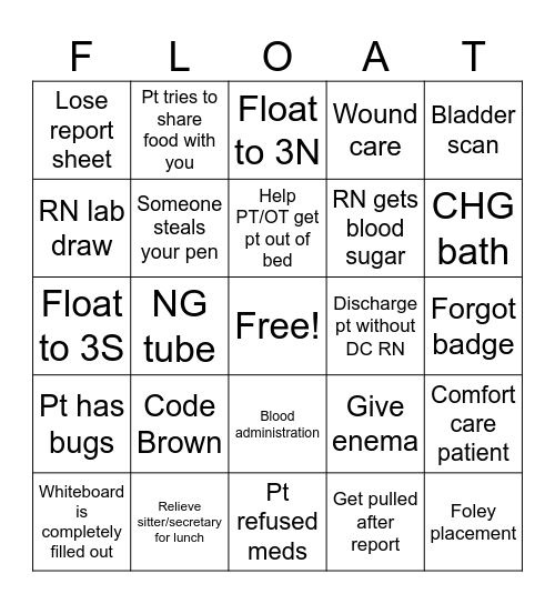 RN Float Pool Bingo Card