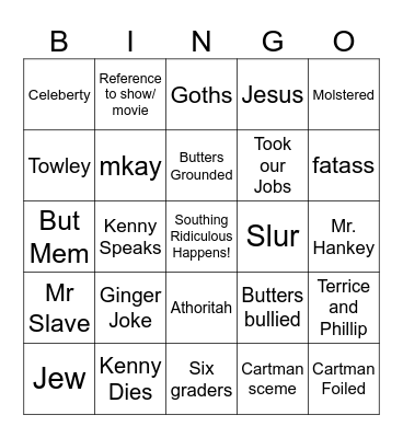 South Park Bingo Card