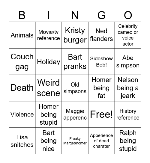 The Simpsons bingo Card