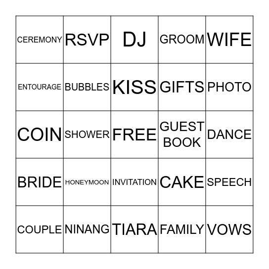 WEDDING SHOWER Bingo Card