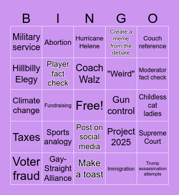 VP Debate Bingo Card