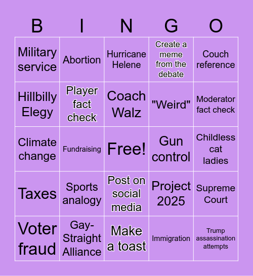 VP Debate Bingo Card