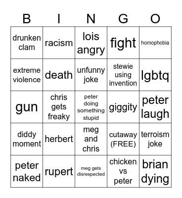 Family Guy Bingo Card