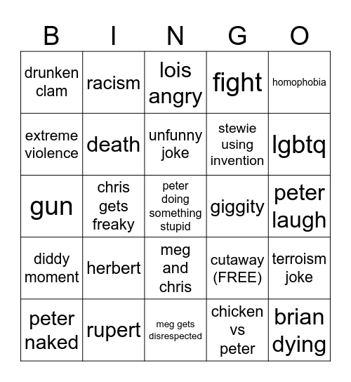 Family Guy Bingo Card