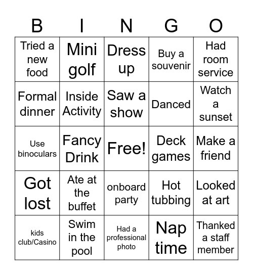 Cruise Ship Activities Bingo Card