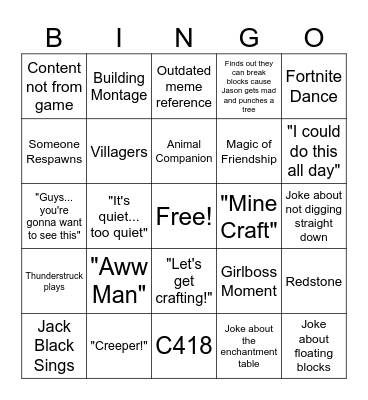 Minecraft Movie Bingo Card