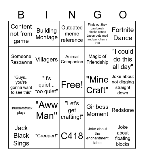 Minecraft Movie Bingo Card