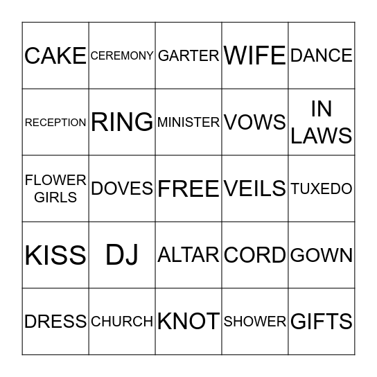 WEDDING SHOWER Bingo Card