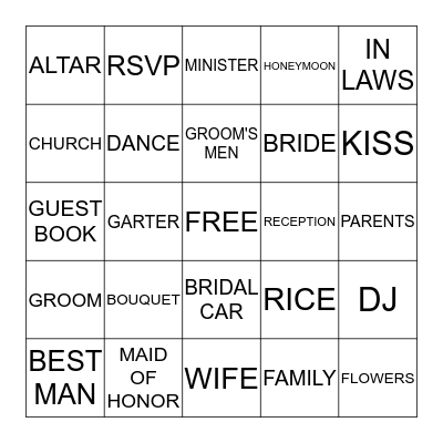 WEDDING SHOWER Bingo Card