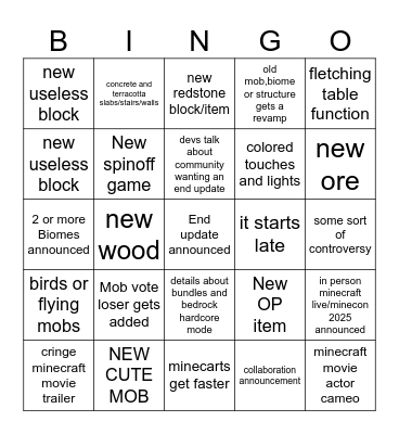 Minecraft live 2024 Bingo Card