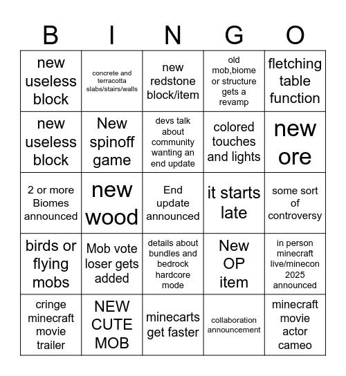 Minecraft live 2024 Bingo Card