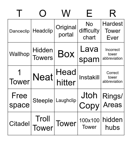 Tower Bingo Obby Creator Roblox Bingo Card