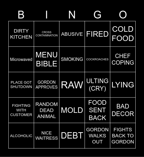 Kitchen Nightmares Bingo Card