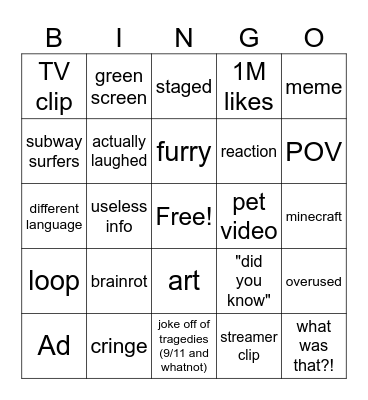 youtube shorts bingo Card