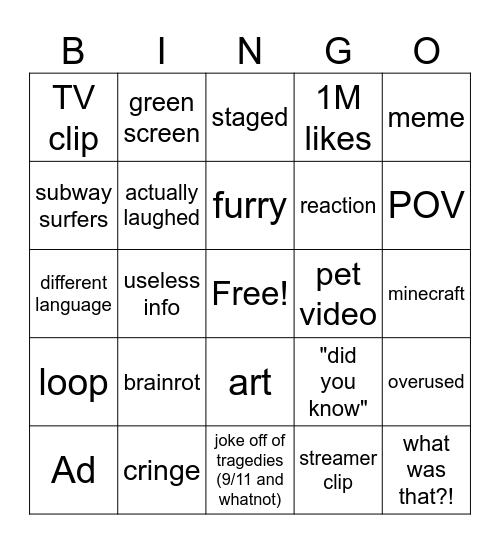 youtube shorts bingo Card