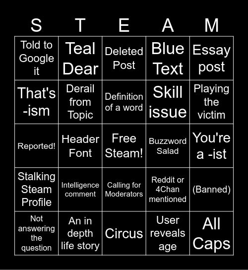 Steam Discussions Bingo Card