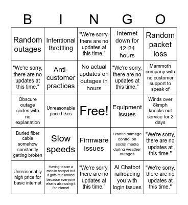 Spectrum Internet Outage Bingo Card