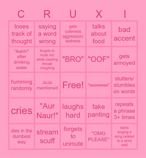 Cruxicute Bingo Card