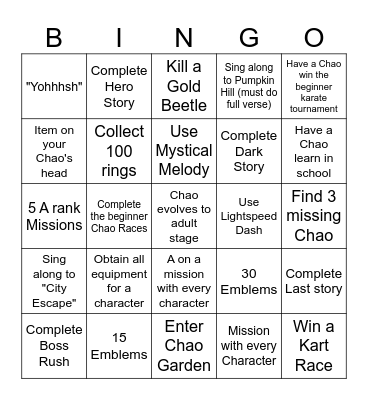 Sonic Adventure 2 Bingo Card