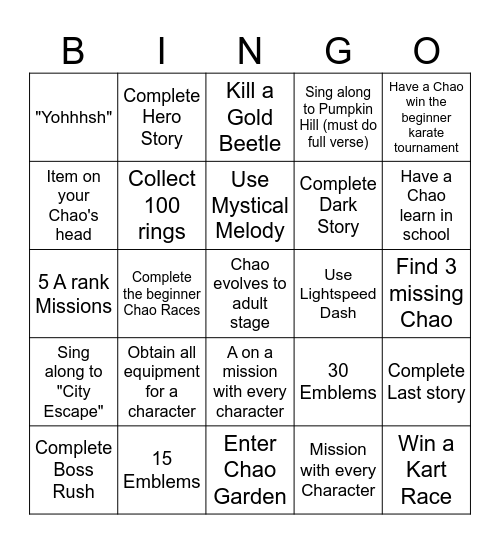 Sonic Adventure 2 Bingo Card