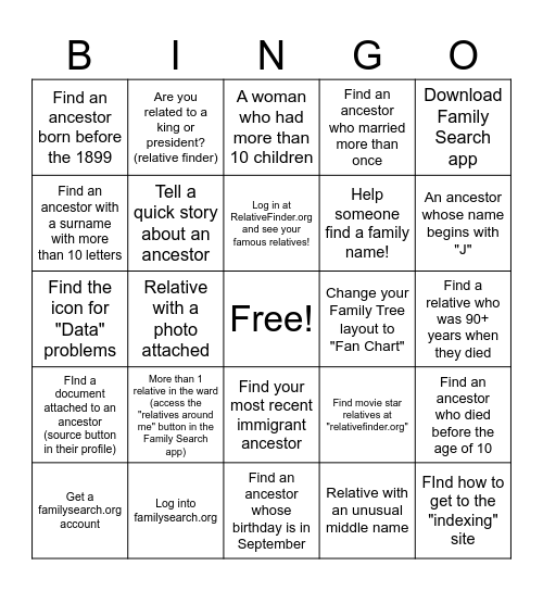 Family History BINGO! Bingo Card