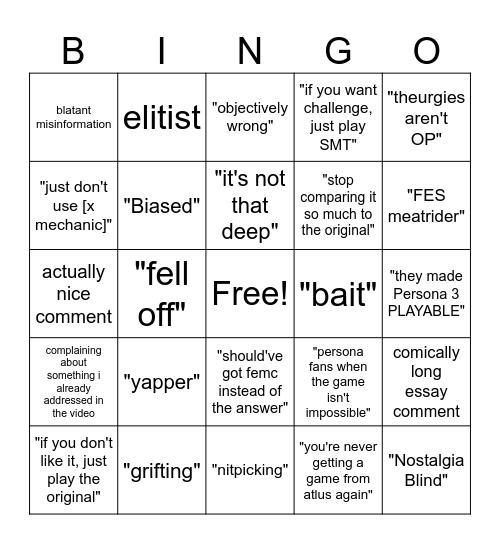 Comments for the Persona 3 Reload Video Bingo Card
