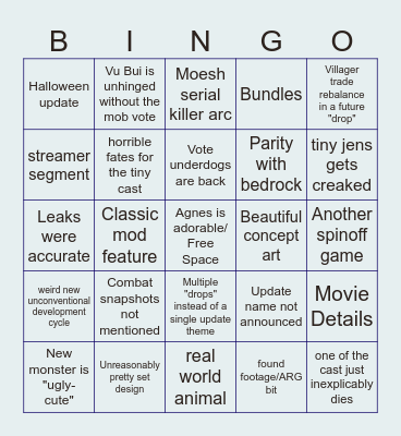 Minecraft Live 2024 Bingo Card