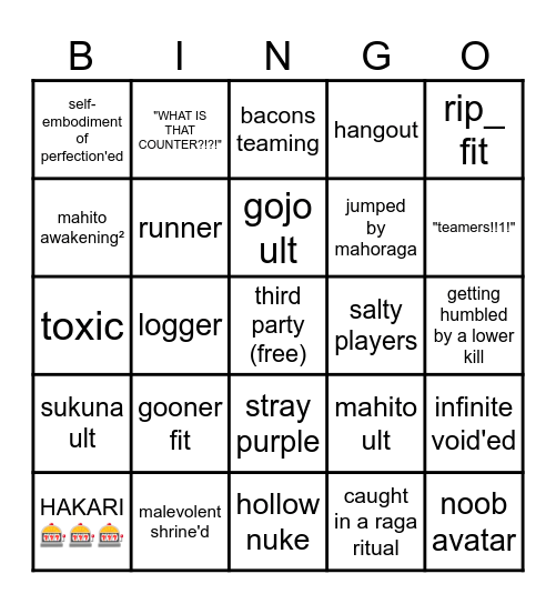 jujustu shenanigans Bingo Card