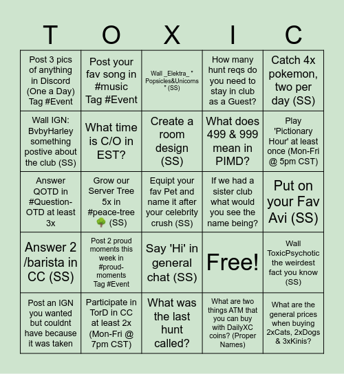 Palace A La Toxica Bingo Card