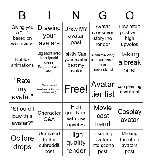 r/RobloxAvatars Bingo Card