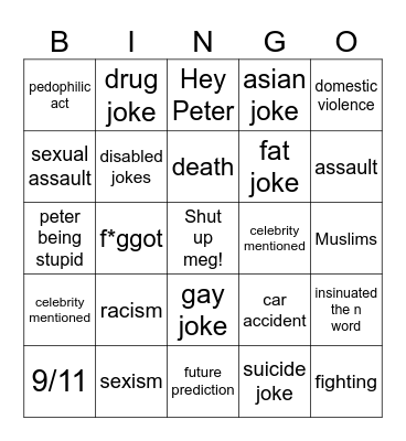 family guy Bingo Card